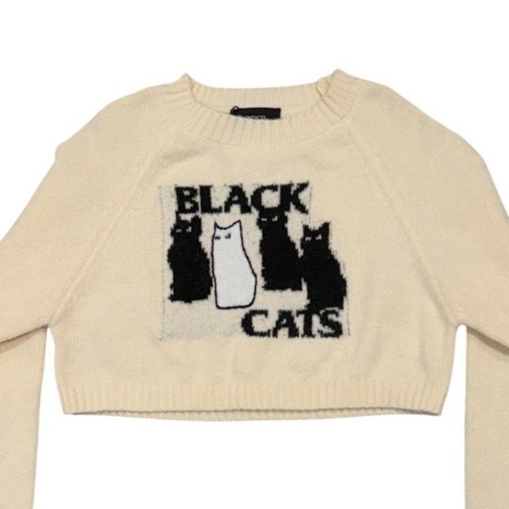 NWT Cider Womens S Cream Black Cat Graphic Cropped Sweater Kawaii Whimsigoth